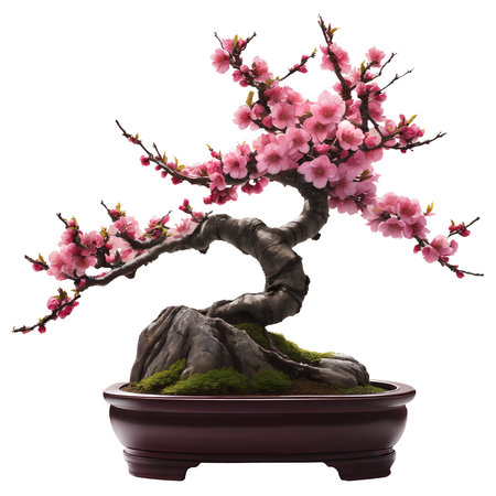 Japanese Plum blossoms bonsai.
Bonsai uses cultivation techniques to produce small trees that mimic the shape and style of mature, full-size trees.  AI-generatedの素材