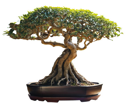 Japanese banyan tree bonsai. 
Bonsai uses cultivation techniques to produce small trees that mimic the shape and style of mature, full-size trees. AI-generatedの素材