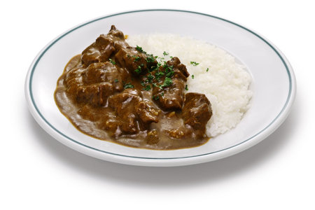 Japanese-style beef curry rice ( curry and rice are served together on the plate)
Japanese curry is always served with rice.の写真素材