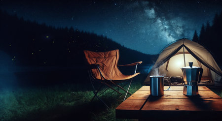 Solo camping night. Milky Way in the night sky. Fireflies are flying. Make some coffee and relax. Generative AIの素材