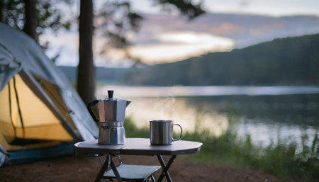 Morning of solo camping by the lake. Sunrise. Before starting the activity. Brew a hot cup of coffee. Generative AIの素材