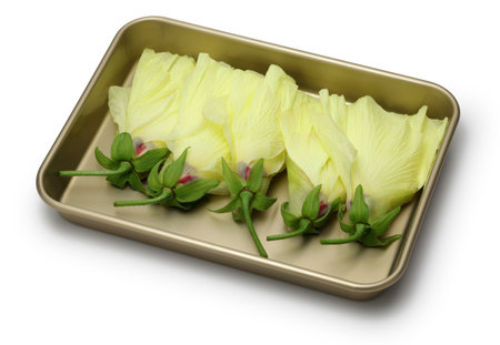 Aibika, edible okra flowers in a trayの写真素材