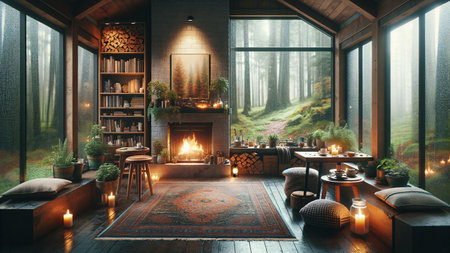 A cottage in the forest. Firewood is burning in the fireplace. You can see the rainy forest through the big windows. Cozy time.の素材