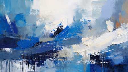 Abstract oil painting on canvas. Blue and white colors. Fragment of artwork.の素材