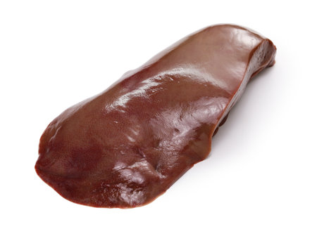 raw pork liver isolated on white backgroundの写真素材