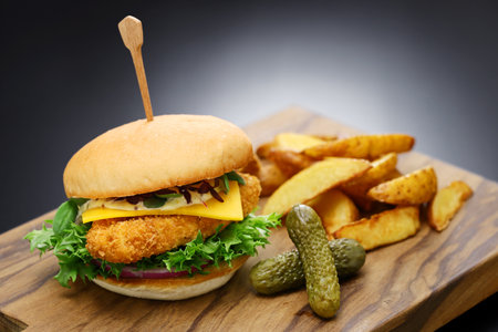homemade fish burger with cheese, vegetables, and tartar sauce on a wooden cutting board.の写真素材