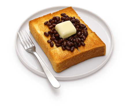 butter and sweet adzuki beans on toast, Nagoya specialty breakfast, Japanese food isolated on white backgroundの写真素材