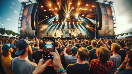 the crowd at a concert, a music festival. generative AI illustration.の素材