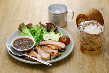 Kor Moo Yang ( charcoal grilled pork jowl meat ), Thai Isan cuisineの写真素材