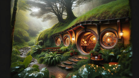 Hobbit house on a rainy day. AI generated imageの素材