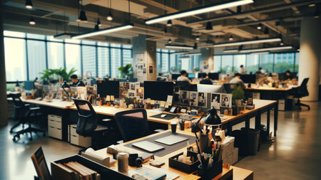 A daily work scene of a company with an office in a high-rise building. AI generated image.の素材
