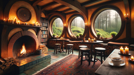 The view from the coffee shop in Hobbit Village.  It's raining. generative AIの素材