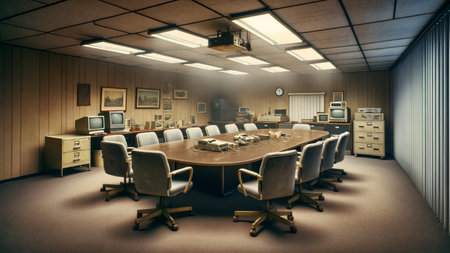 An image of a conference room at a company on the verge of going out of business. AI generated image.の素材