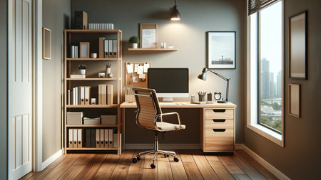 A remote worker's room living in a high-rise apartment. AI generated image.の素材