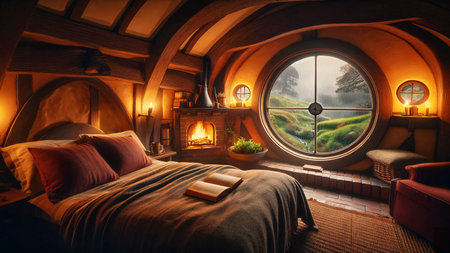 View from the hobbit house bedroom. It's raining outside. AI generated imageの素材