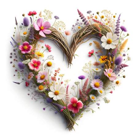 Illustration of a heart-shaped flower wreath. For Valentine's Day, Christmas, and Weddings. AI generated imageの素材