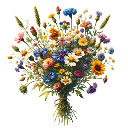 colorful wildflower bouquet illustration, PNG, generative AIの素材