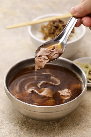 Beef soup is often eaten as breakfast in Tainan. Taiwanese food.の写真素材