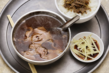 Beef soup is often eaten as breakfast in Tainan. Taiwanese food.の写真素材