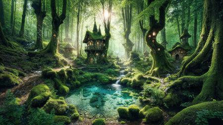 There is a village where fairies live in a forest with many moss-covered trees. fantasy world. background art, wallpaper. generative AI.の素材