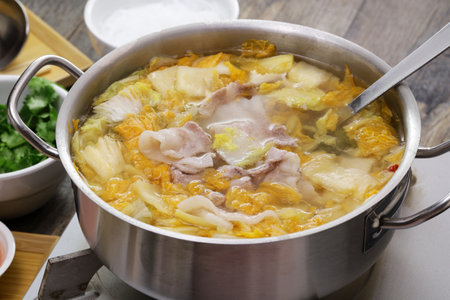 Taiwanese hotpot with sour Chinese cabbage pickles and pork belly. winter gourmet.の写真素材