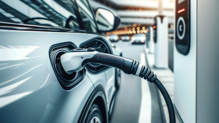 Charging EV at station. Close-up of a charging plug. generative AI.の素材