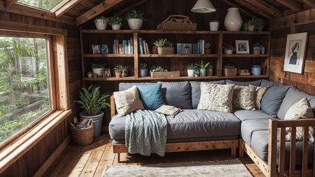 A nook is a small, cozy place in a corner of a house. This house is located in a country with a warm climate. generative AI.の素材