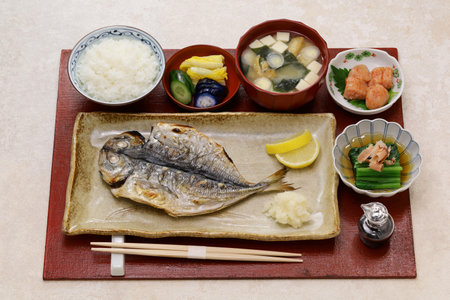 grilled fish (semi-dried horse mackerel) set meal, traditional Japanese breakfastの写真素材