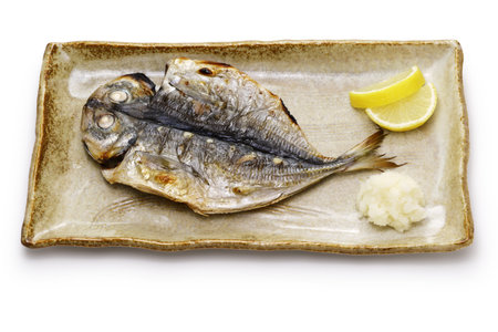 grilled semi-dried horse mackerel isolated on a white background. Japanese food.の写真素材