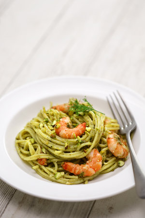 Sicilian pasta with pistachio pesto and shrimp, Italian cuisineの写真素材