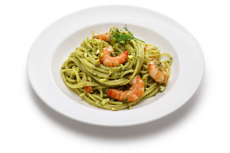 Sicilian pasta with pistachio pesto and shrimp, Italian cuisineの写真素材