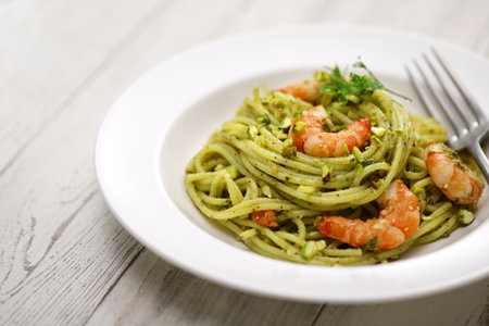 Sicilian pasta with pistachio pesto and shrimp, Italian cuisineの写真素材