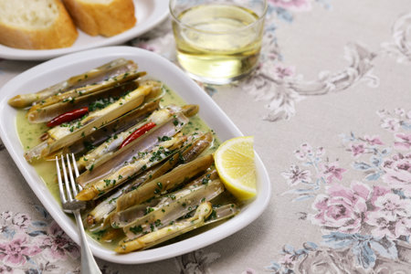 steamed razor clams in wine. copy spaceの写真素材