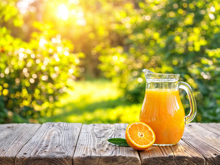 A pitcher of freshly squeezed orange juice and half an orange are placed on a wooden table in the gardenの素材