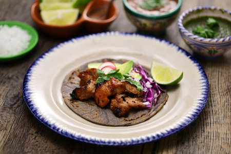 "Tacos al pastor" made with homemade blue tortillas. Mexican foodの写真素材