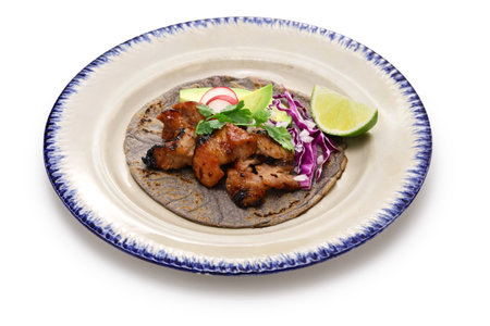 "Tacos al pastor" made with homemade blue tortillas. Mexican foodの写真素材