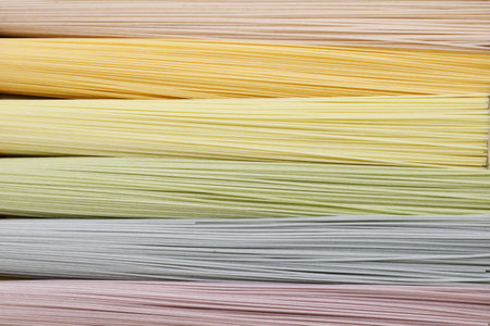 Japanese thin noodles made of wheat, called somen. ãUsually somen noodles are white, but this is a colored version.の写真素材