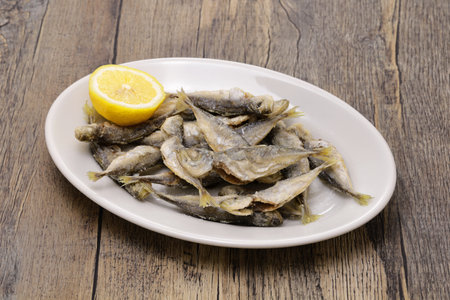 fried small horse mackerel, petit chinchard fritの写真素材