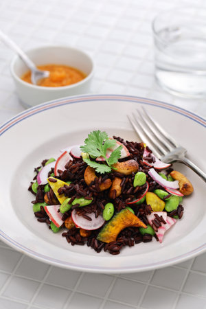 black purple rice (Thai riceberry) salad, vegan cuisineの写真素材