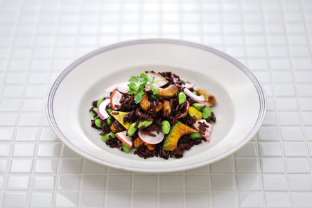 black purple rice (Thai riceberry) salad, vegan cuisineの写真素材