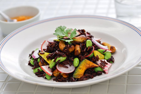 black purple rice (Thai riceberry) salad, vegan cuisineの写真素材