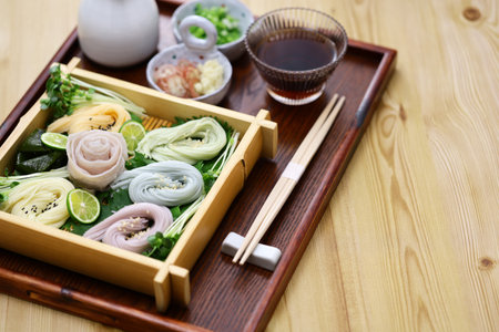 Japanese thin noodles made of wheat, called somen.  Chilled summer food. with pork shabu shabu.の写真素材