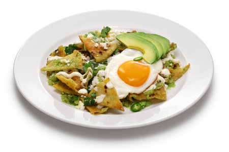 chilaquiles, Mexican breakfast. Totopos topped with salsa verde, fried egg, and avocado.の写真素材
