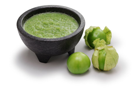tomatillo salsa verde, Mexican green sauce isolated on white backgroundの写真素材