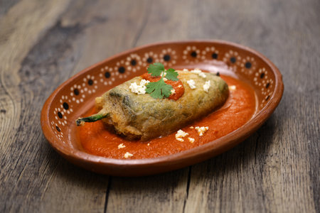 chile relleno (fried poblano pepper stuffed with minced meat and coated with egg meringue), Mexican cuisineの写真素材
