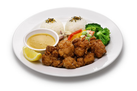 homemade mochiko chicken plate, Hawaiian foodの写真素材