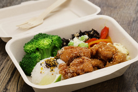homemade mochiko chicken lunch box, Hawaiian foodの写真素材