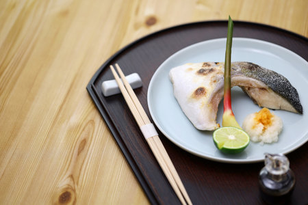 Buri kama shioyaki ( salt-grilled yellowtail collar ), Japanese cuisineの写真素材