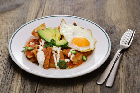 chilaquiles with salsa roja, Mexican breakfastの写真素材