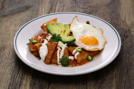 chilaquiles with salsa roja, Mexican breakfastの写真素材